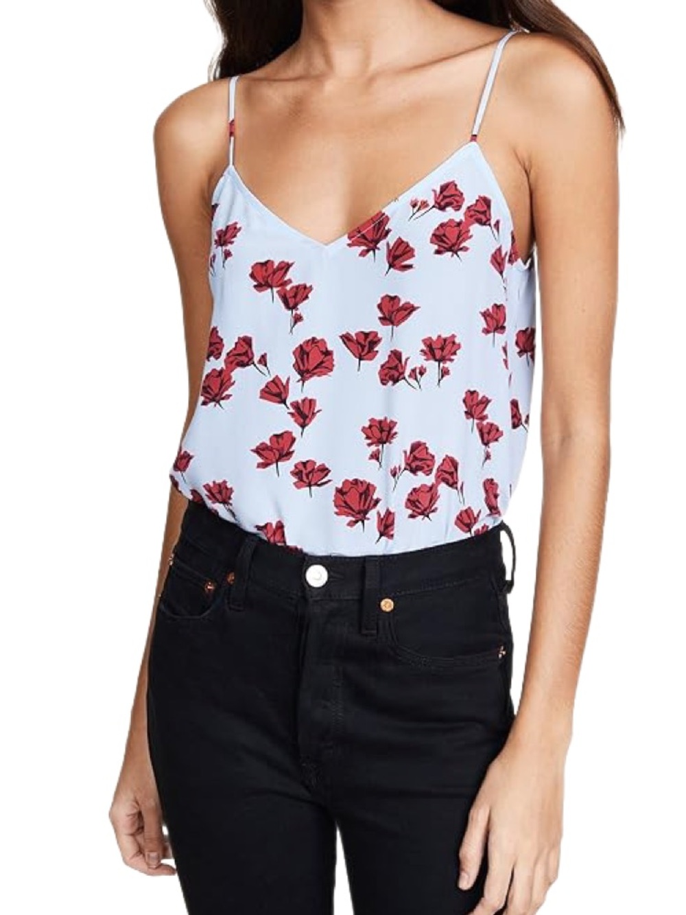 Equipment Silk Floral V-Neck Cami with Red Rose Print in Light Blue Size M